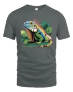 Colorful Iguana Jungle Tee, Bold Tropical Reptile T-Shirt - gray t-shirt on white background