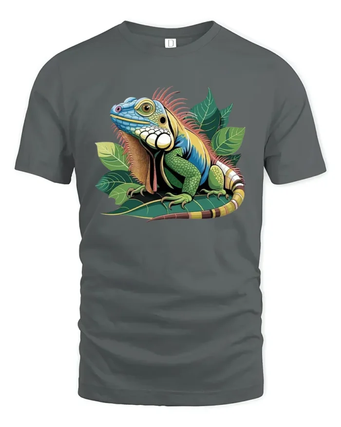 Colorful Iguana Jungle Tee, Bold Tropical Reptile T-Shirt - gray t-shirt on white background