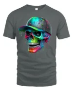 Colorful Skull Art T-Shirt, Cool Graphic Street Style Tee - gray t-shirt on white background