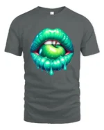 Green Apple Mouth Tee, Edgy Glossy Lips Graphic T-Shirt - gray t-shirt on white background
