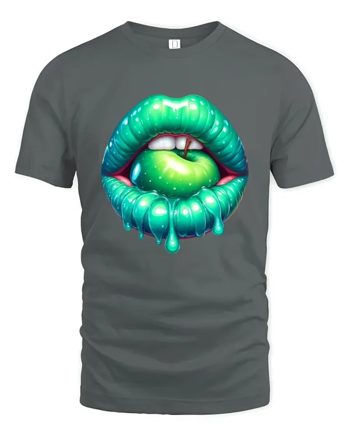 Green Apple Mouth Tee,  Edgy Glossy Lips Graphic T-Shirt - gray t-shirt on white background