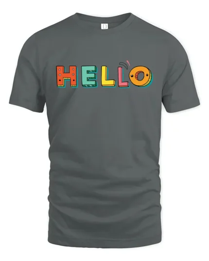 Hello Fun Graphic Tee,  Colorful Letter Print T-Shirt - gray t-shirt on white background