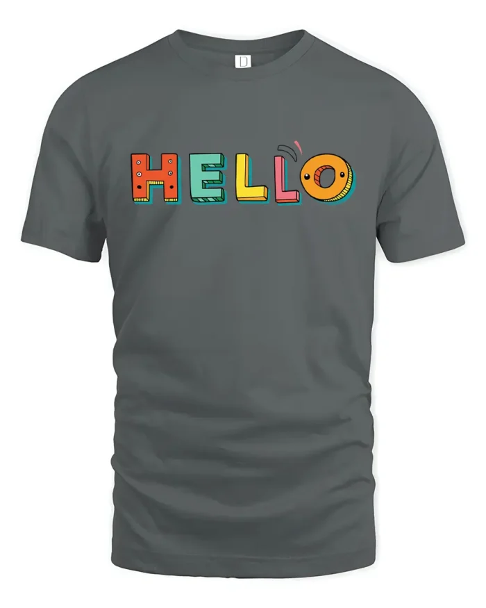 Hello Fun Graphic Tee,  Colorful Letter Print T-Shirt - gray t-shirt on white background
