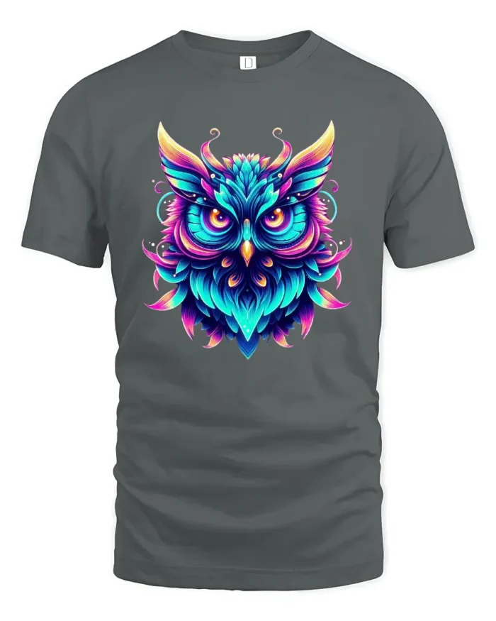 Mystic Owl Spirit Tee, Vivid Colors and Tribal Design T-Shirt - gray t-shirt on white background