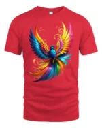 Psychedelic Bird Print Tee, Mythical Creature T-Shirt - red t-shirt on white background