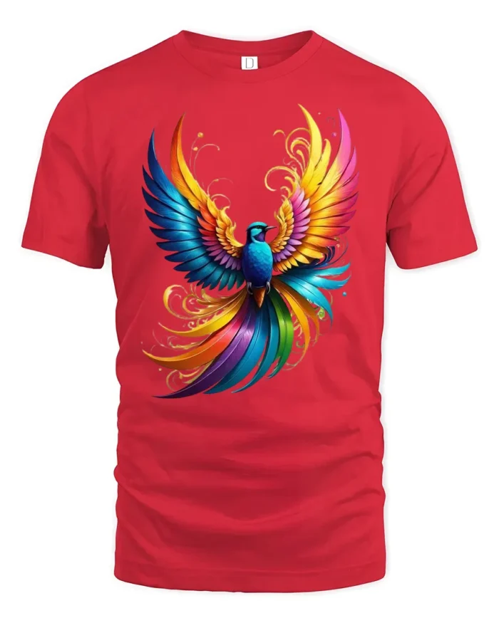 Psychedelic Bird Print Tee, Mythical Creature T-Shirt - red t-shirt on white background