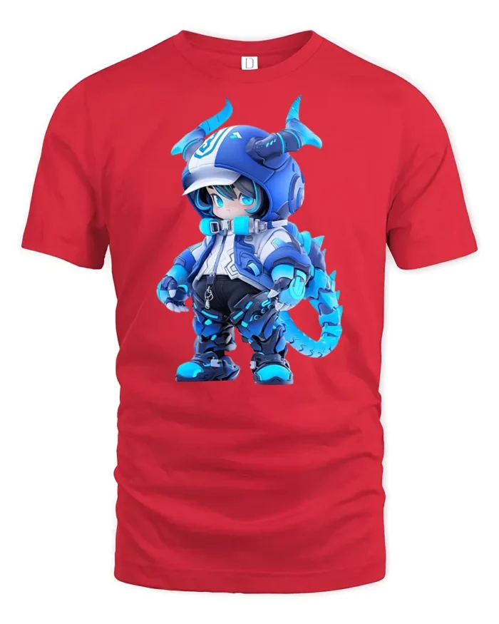 Cute Blue Dragon Warrior Tee, Trendy Graphic Tshirt - red t-shirt on white background