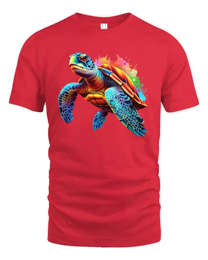 Tropical Sea Turtle T-shirt, Artistic Beach Style Tee - red t-shirt on white background
