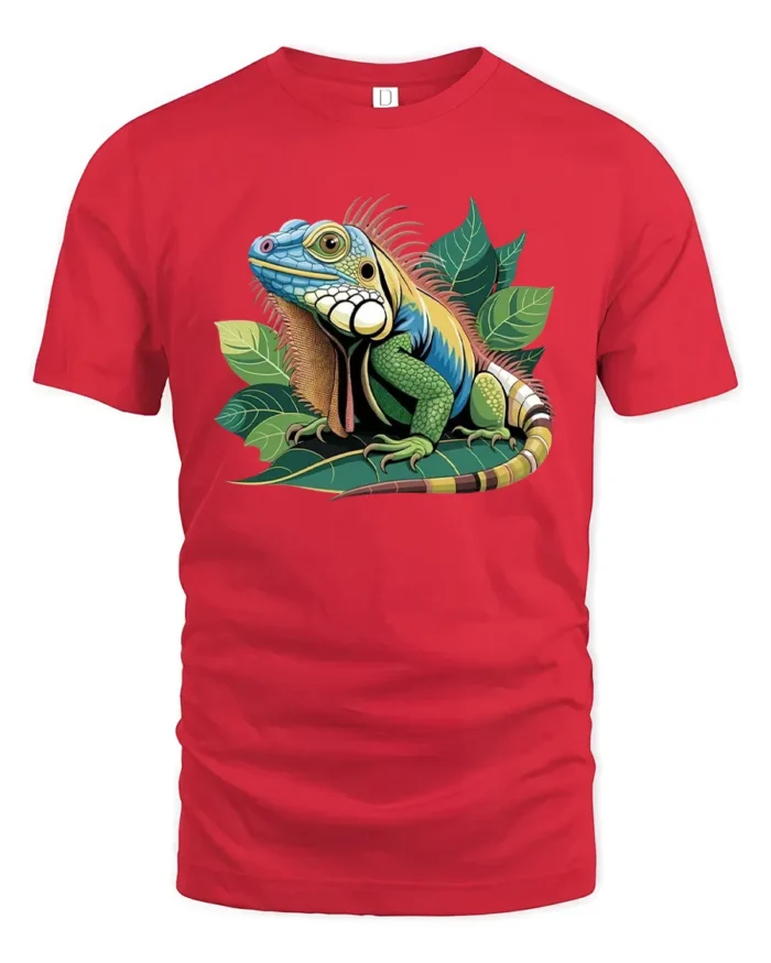 Colorful Iguana Jungle Tee, Bold Tropical Reptile T-Shirt - red t-shirt on white background