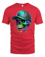 Colorful Skull Art T-Shirt, Cool Graphic Street Style Tee - red t-shirt on white background