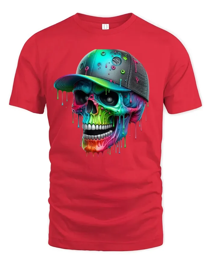 Colorful Skull Art T-Shirt, Cool Graphic Street Style Tee - red t-shirt on white background