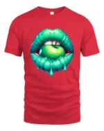 Green Apple Mouth Tee, Edgy Glossy Lips Graphic T-Shirt - red t-shirt on white background