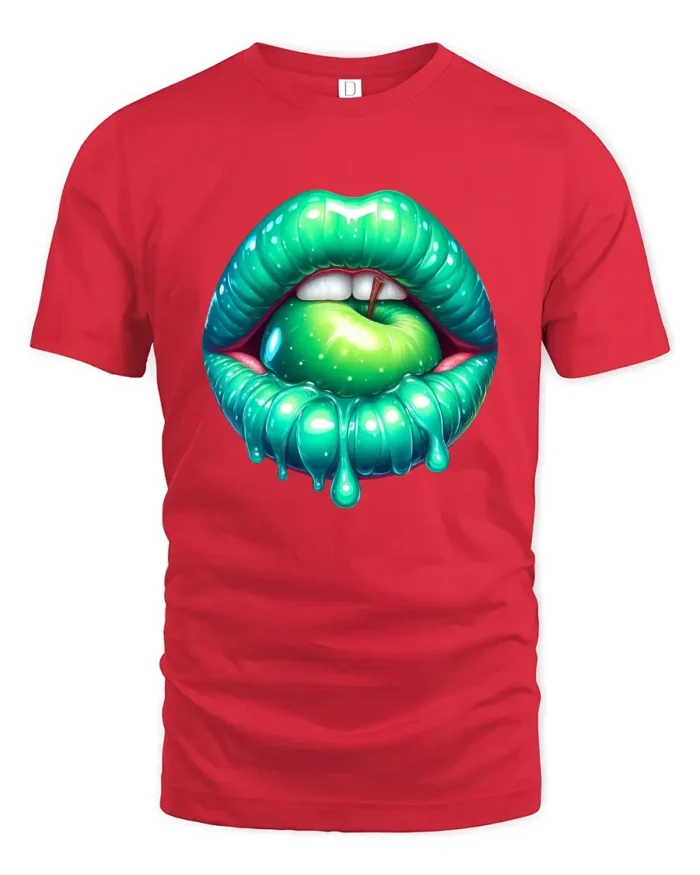 Green Apple Mouth Tee,  Edgy Glossy Lips Graphic T-Shirt - red t-shirt on white background