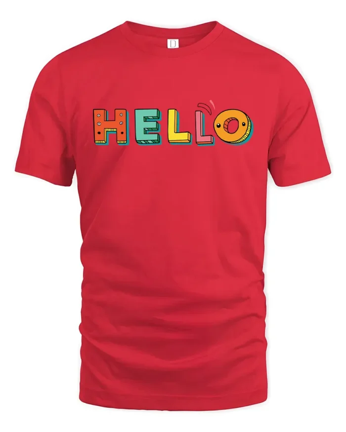 Hello Fun Graphic Tee,  Colorful Letter Print T-Shirt - red t-shirt on white background