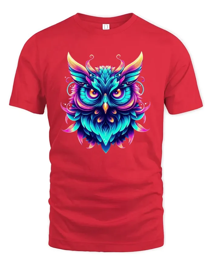 Mystic Owl Spirit Tee, Vivid Colors and Tribal Design T-Shirt - red t-shirt on white background