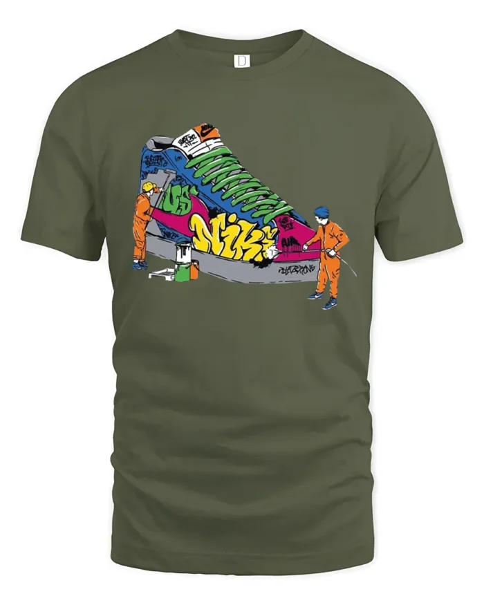 Street Style Graffiti Sneaker Tshirt, Trendy Urban Tee - military green t-shirt on white background