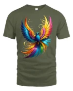 Psychedelic Bird Print Tee, Mythical Creature T-Shirt - military green t-shirt on white background