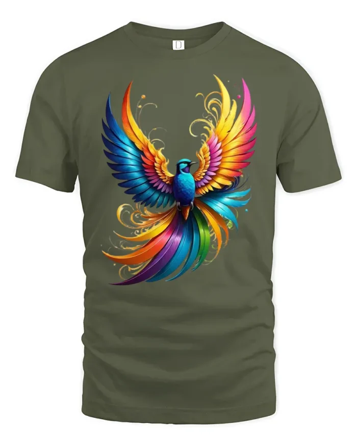 Psychedelic Bird Print Tee, Mythical Creature T-Shirt - military green t-shirt on white background