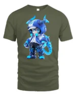 Cute Blue Dragon Warrior Tee, Trendy Graphic Tshirt - military green t-shirt on white background
