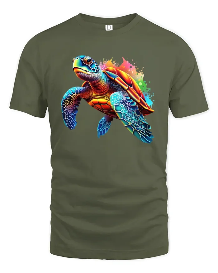 Tropical Sea Turtle T-shirt, Artistic Beach Style Tee - military green t-shirt on white background