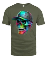 Colorful Skull Art T-Shirt, Cool Graphic Street Style Tee - military green t-shirt on white background