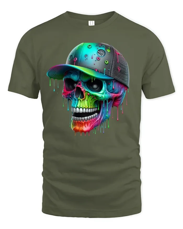 Colorful Skull Art T-Shirt, Cool Graphic Street Style Tee - military green t-shirt on white background