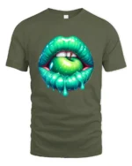 Green Apple Mouth Tee, Edgy Glossy Lips Graphic T-Shirt - military green t-shirt on white background