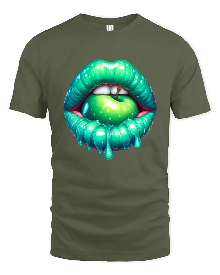 Green Apple Mouth Tee,  Edgy Glossy Lips Graphic T-Shirt - military green t-shirt on white background