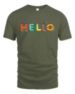 Hello Fun Graphic Tee, Colorful Letter Print T-Shirt - military green t-shirt on white background