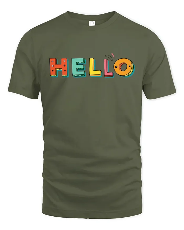 Hello Fun Graphic Tee,  Colorful Letter Print T-Shirt - military green t-shirt on white background