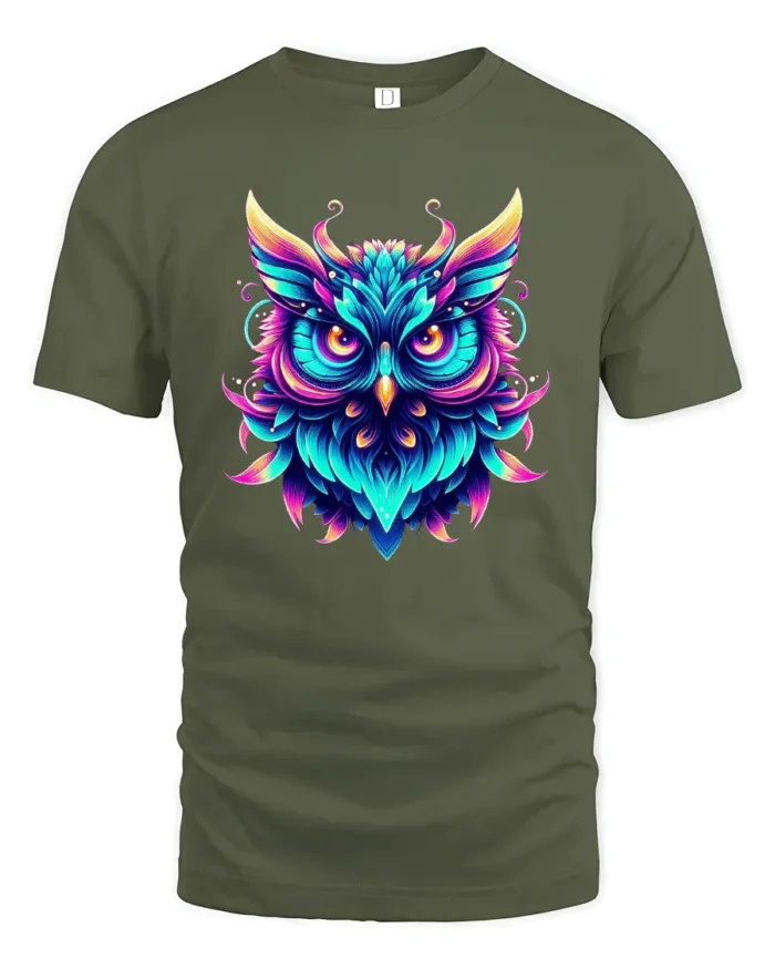 Mystic Owl Spirit Tee, Vivid Colors and Tribal Design T-Shirt - military green t-shirt on white background