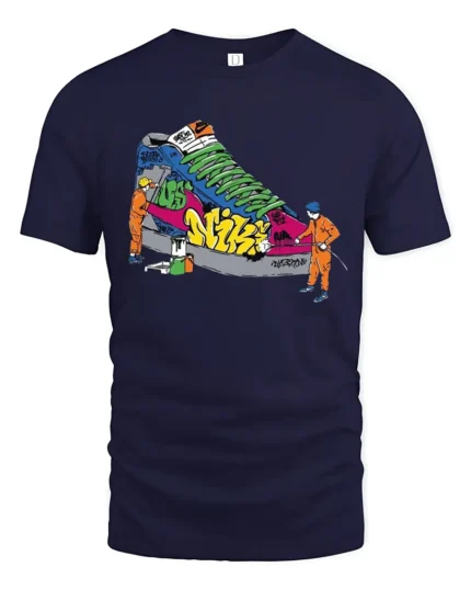 Street Style Graffiti Sneaker Tshirt, Trendy Urban Tee - navy t-shirt on white background