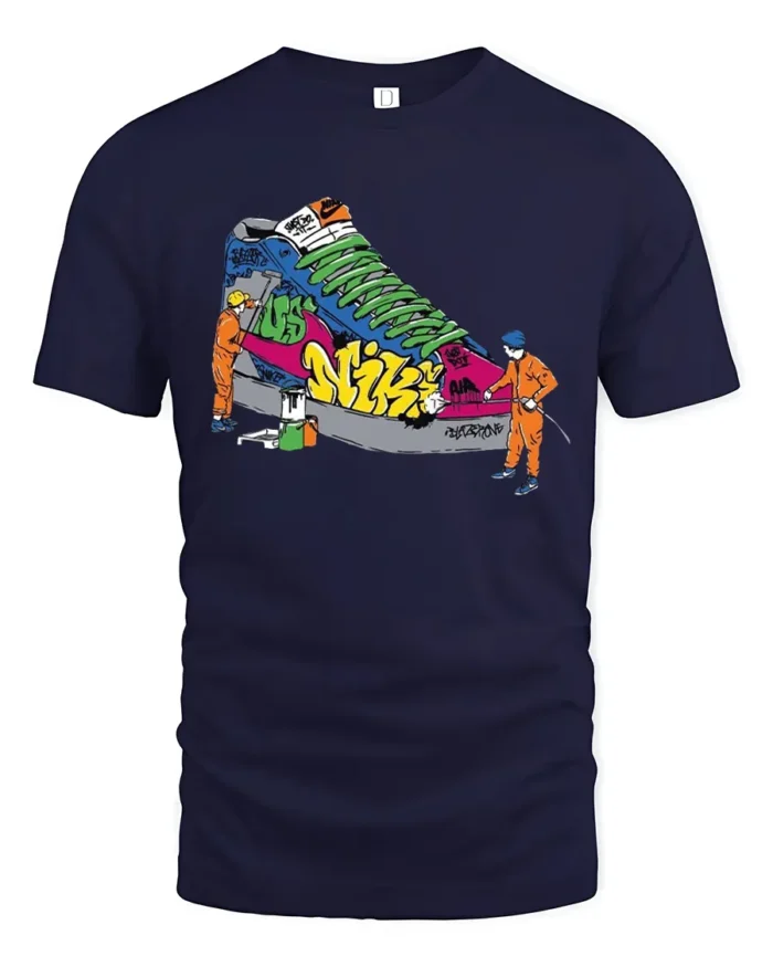 Street Style Graffiti Sneaker Tshirt, Trendy Urban Tee - navy t-shirt on white background