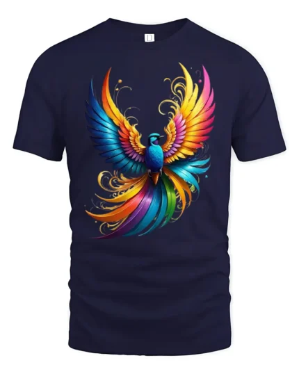 Psychedelic Bird Print Tee, Mythical Creature T-Shirt - navy t-shirt on white background