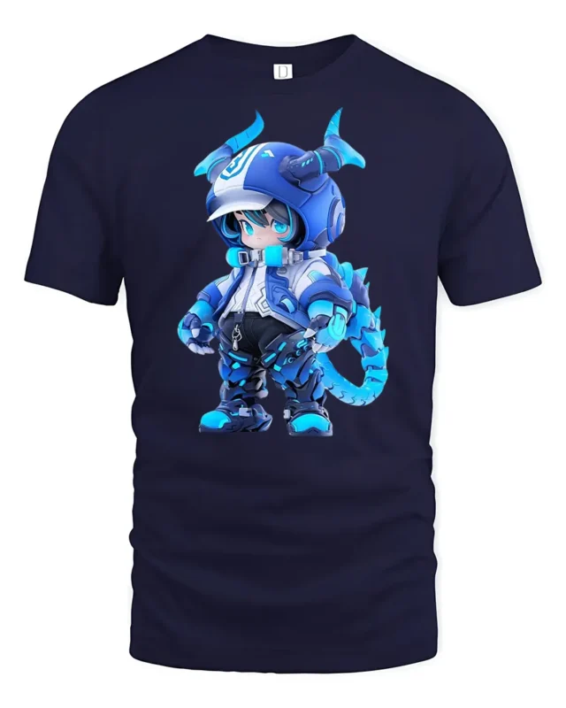 Cute Blue Dragon Warrior Tee, Trendy Graphic Tshirt - navy t-shirt on white background