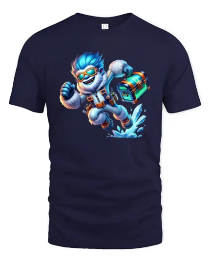 Adventure Yeti with Chest Tee, Funny Ice Explorer T-shirt - navy t-shirt on white background