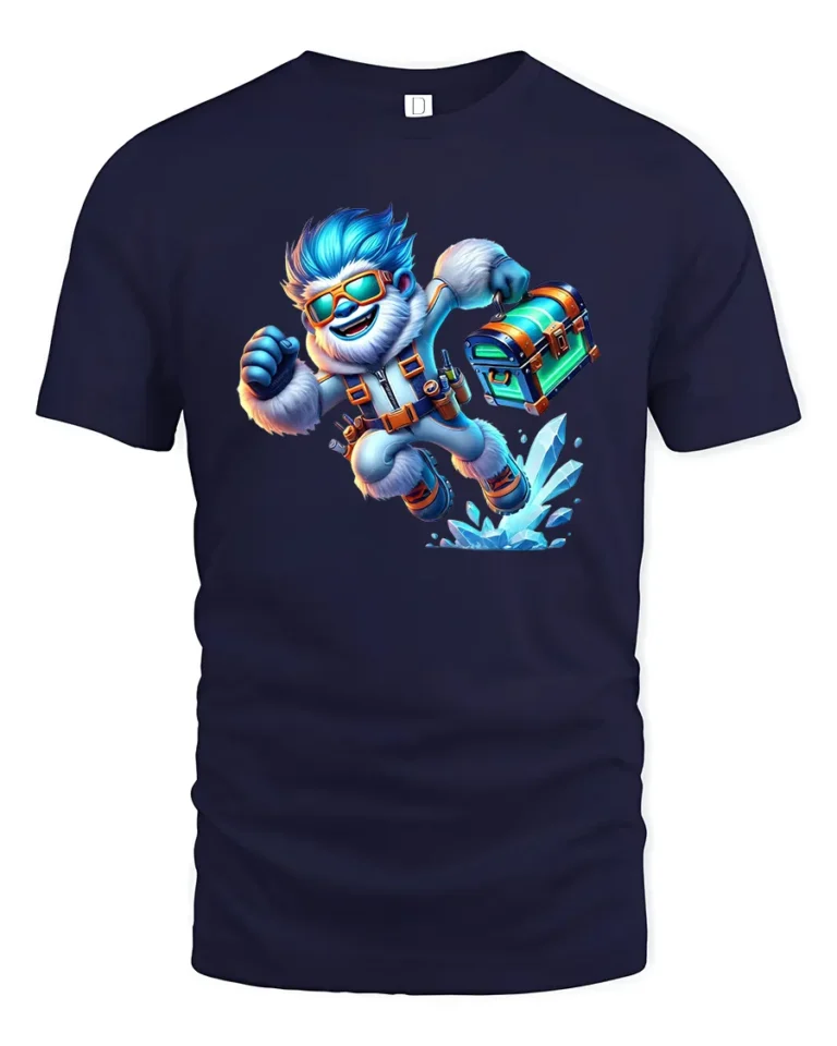 Adventure Yeti with Chest Tee, Funny Ice Explorer T-shirt - navy t-shirt on white background