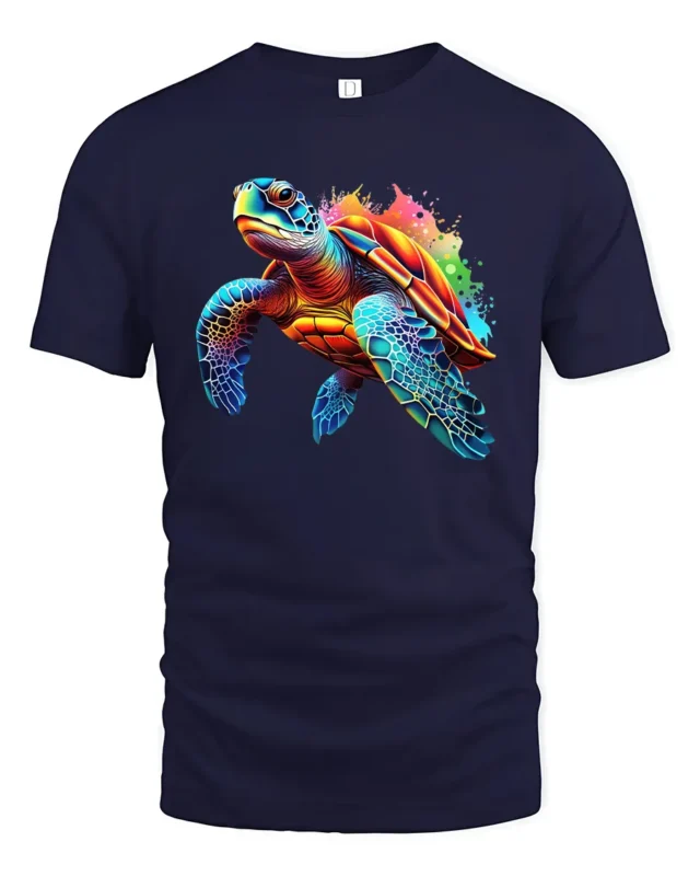 Tropical Sea Turtle T-shirt, Artistic Beach Style Tee - navy t-shirt on white background