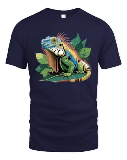 Colorful Iguana Jungle Tee, Bold Tropical Reptile T-Shirt - navy t-shirt on white background