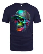 Colorful Skull Art T-Shirt, Cool Graphic Street Style Tee - navy t-shirt on white background
