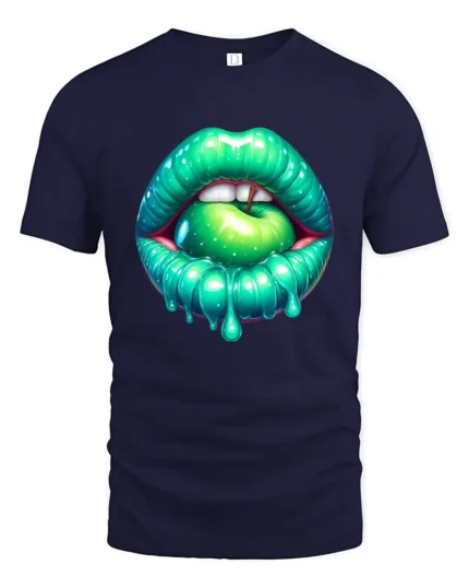Green Apple Mouth Tee,  Edgy Glossy Lips Graphic T-Shirt - navy t-shirt on white background