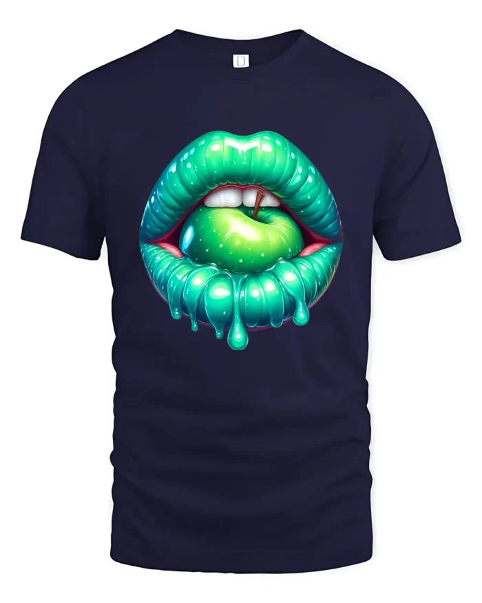 Green Apple Mouth Tee,  Edgy Glossy Lips Graphic T-Shirt - navy t-shirt on white background