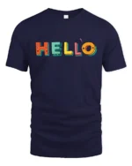 Hello Fun Graphic Tee, Colorful Letter Print T-Shirt - navy t-shirt on white background