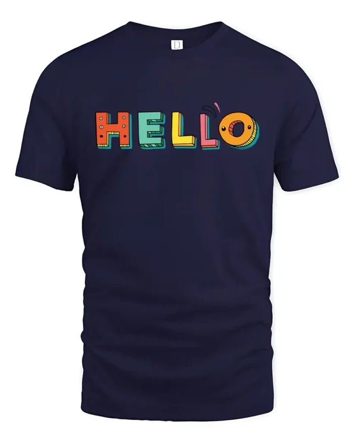 Hello Fun Graphic Tee,  Colorful Letter Print T-Shirt - navy t-shirt on white background