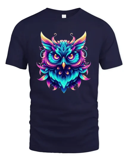 Mystic Owl Spirit Tee, Vivid Colors and Tribal Design T-Shirt - navy t-shirt on white background
