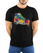 Street Style Graffiti Sneaker Tshirt, Trendy Urban Tee - model wearing black shirt, hands behind back