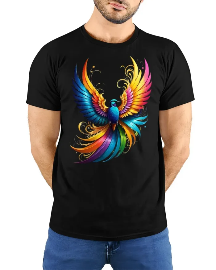 Psychedelic Bird Print Tee, Mythical Creature T-Shirt - model wearing black shirt, hands behind back