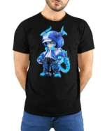 Cute Blue Dragon Warrior Tee, Trendy Graphic Tshirt - model wearing black shirt, hands behind back