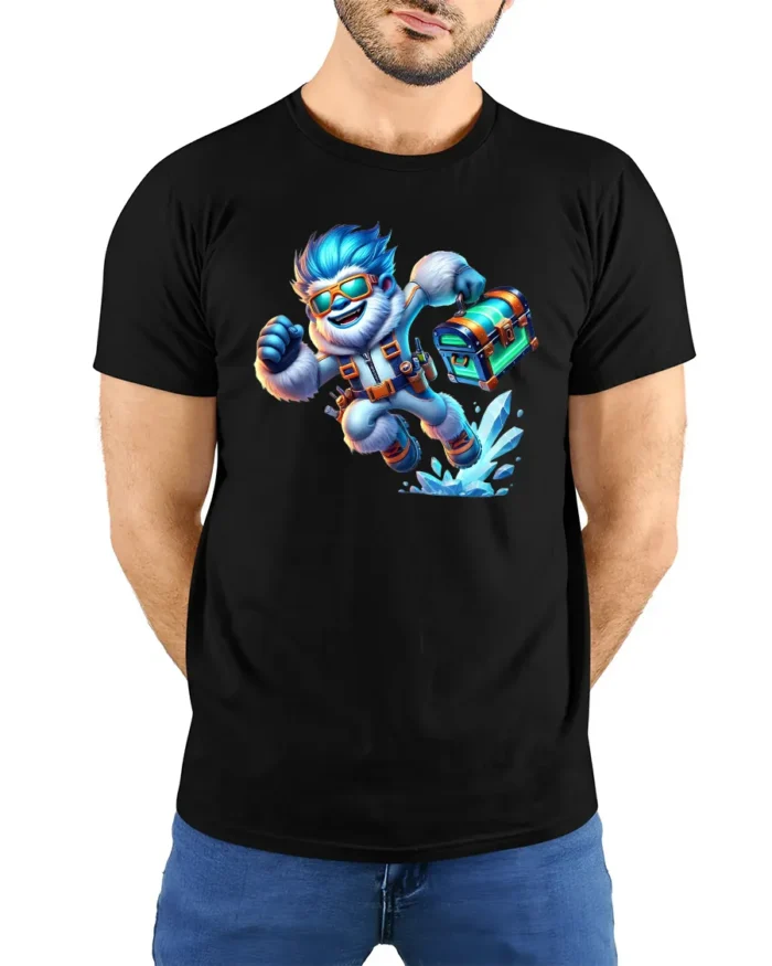 Adventure Yeti with Chest Tee, Funny Ice Explorer T-shirt - model wearing black shirt, hands behind back