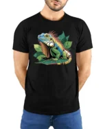 Colorful Iguana Jungle Tee, Bold Tropical Reptile T-Shirt - model wearing black shirt, hands behind back